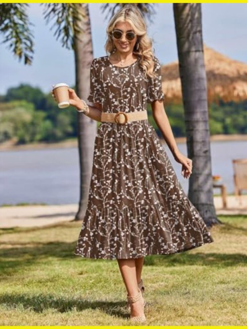 Flowy Midi Sundress Boho Tiered Ruffle Sleeve Casual Summer A-Line Dress - Picture 5 of 7